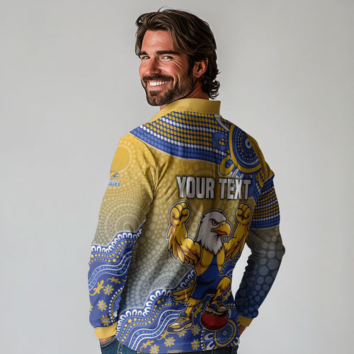 Personalized West Coast Eagles Football Mascot Long Sleeve Polo Shirt Aboriginal Dot Art Style Vibrant Indigenous Pattern Design