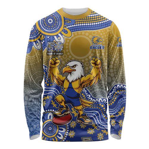 Personalized West Coast Eagles Football Mascot Long Sleeve Shirt Aboriginal Dot Art Style Vibrant Indigenous Pattern Design
