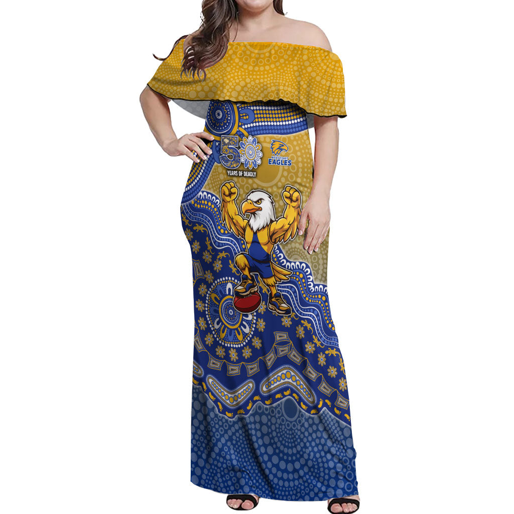 Personalized West Coast Eagles Football Mascot Off Shoulder Maxi Dress Aboriginal Dot Art Style Vibrant Indigenous Pattern Design