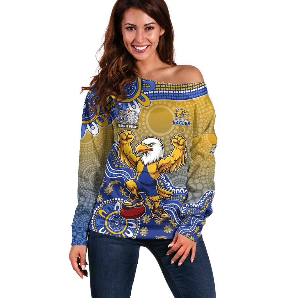 Personalized West Coast Eagles Football Mascot Off Shoulder Sweater Aboriginal Dot Art Style Vibrant Indigenous Pattern Design