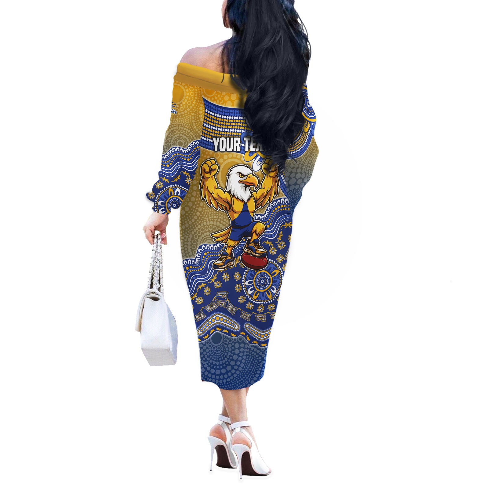Personalized West Coast Eagles Football Mascot Off The Shoulder Long Sleeve Dress Aboriginal Dot Art Style Vibrant Indigenous Pattern Design