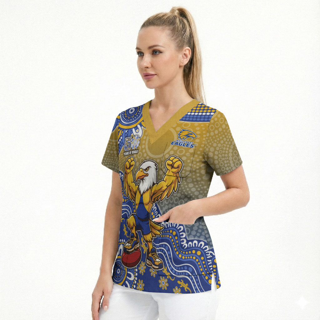 Personalized West Coast Eagles Football Mascot Scrub Top Aboriginal Dot Art Style Vibrant Indigenous Pattern Design