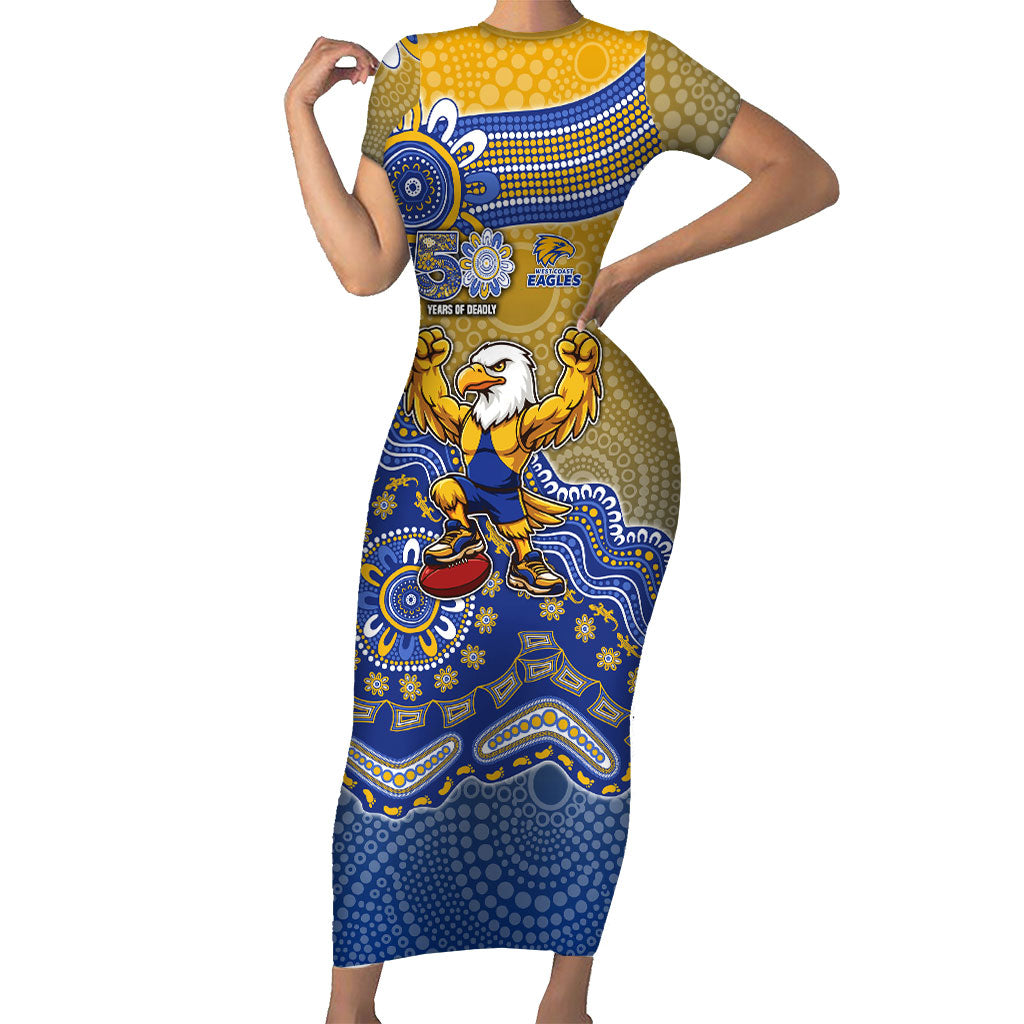 Personalized West Coast Eagles Football Mascot Short Sleeve Bodycon Dress Aboriginal Dot Art Style Vibrant Indigenous Pattern Design