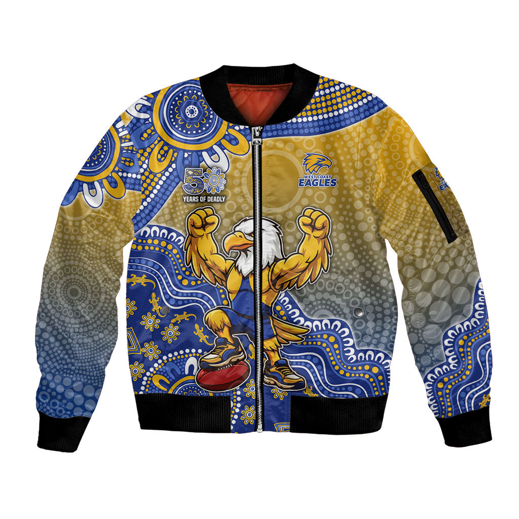 Personalized West Coast Eagles Football Mascot Sleeve Zip Bomber Jacket Aboriginal Dot Art Style Vibrant Indigenous Pattern Design