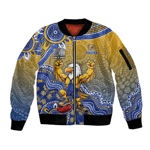 Personalized West Coast Eagles Football Mascot Sleeve Zip Bomber Jacket Aboriginal Dot Art Style Vibrant Indigenous Pattern Design