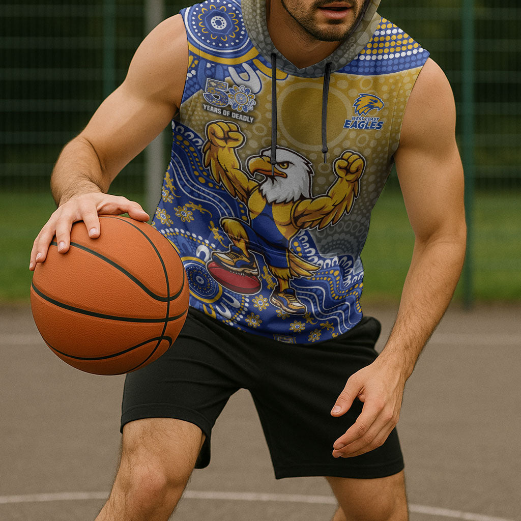 Personalized West Coast Eagles Football Mascot Sleeveless Hoodie Aboriginal Dot Art Style Vibrant Indigenous Pattern Design
