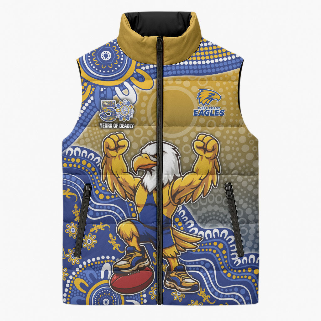 Personalized West Coast Eagles Football Mascot Sleeveless Puffer Jacket Aboriginal Dot Art Style Vibrant Indigenous Pattern Design