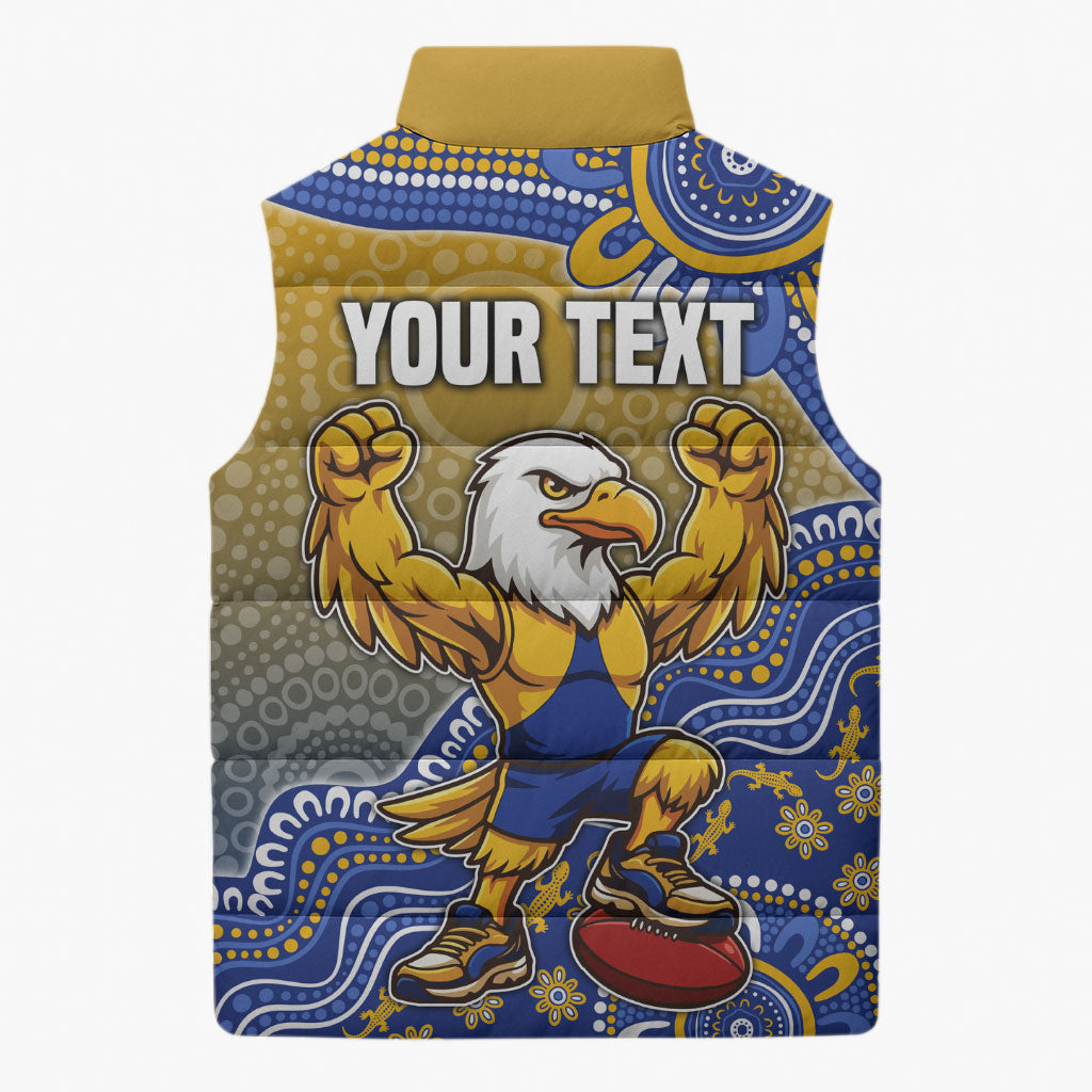 Personalized West Coast Eagles Football Mascot Sleeveless Puffer Jacket Aboriginal Dot Art Style Vibrant Indigenous Pattern Design