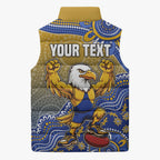 Personalized West Coast Eagles Football Mascot Sleeveless Puffer Jacket Aboriginal Dot Art Style Vibrant Indigenous Pattern Design
