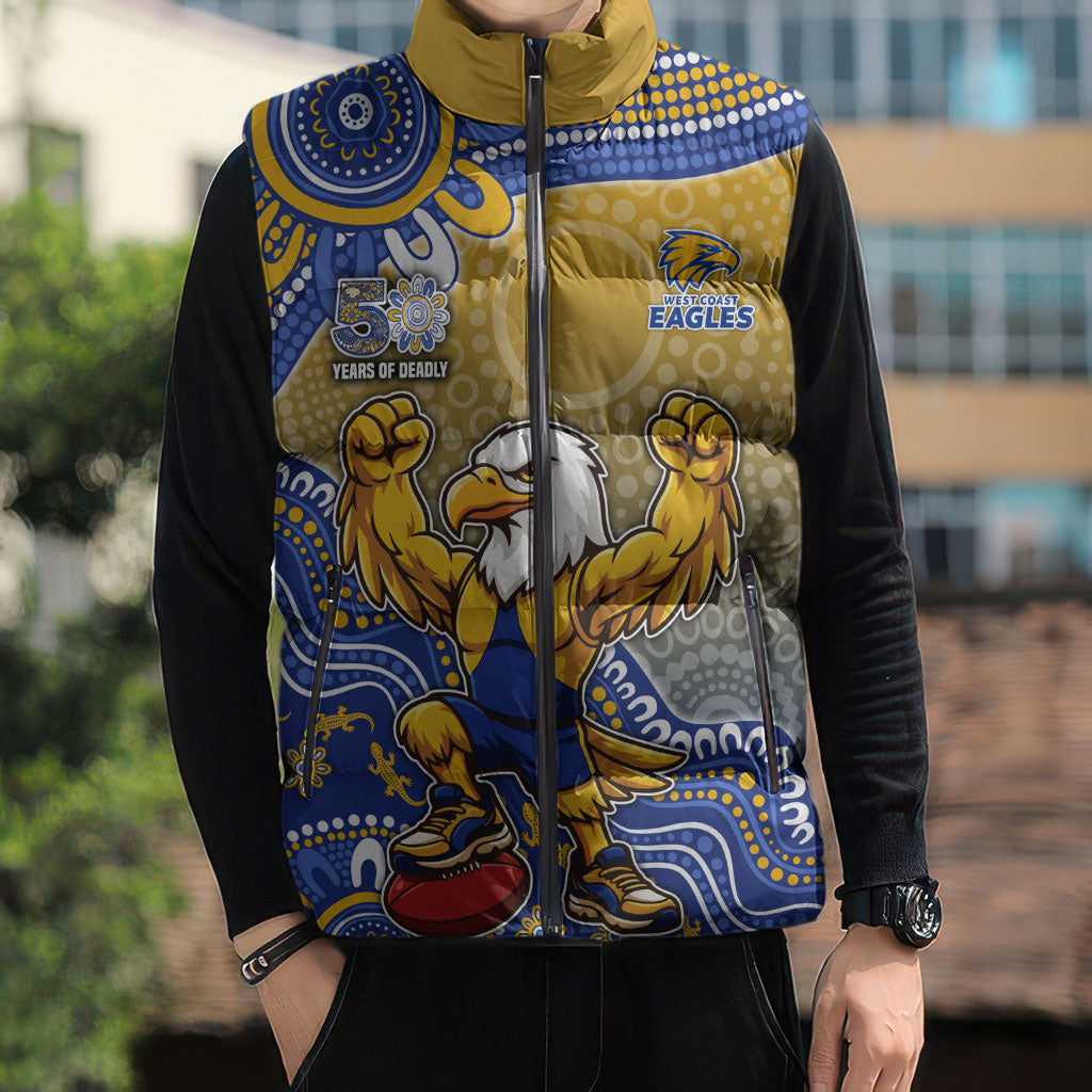 Personalized West Coast Eagles Football Mascot Sleeveless Puffer Jacket Aboriginal Dot Art Style Vibrant Indigenous Pattern Design