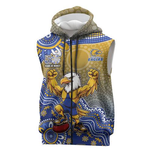 Personalized West Coast Eagles Football Mascot Sleeveless Zip Hoodie Aboriginal Dot Art Style Vibrant Indigenous Pattern Design