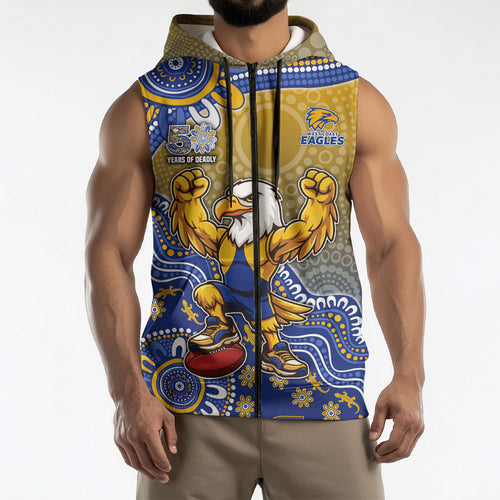 Personalized West Coast Eagles Football Mascot Sleeveless Zip Hoodie Aboriginal Dot Art Style Vibrant Indigenous Pattern Design