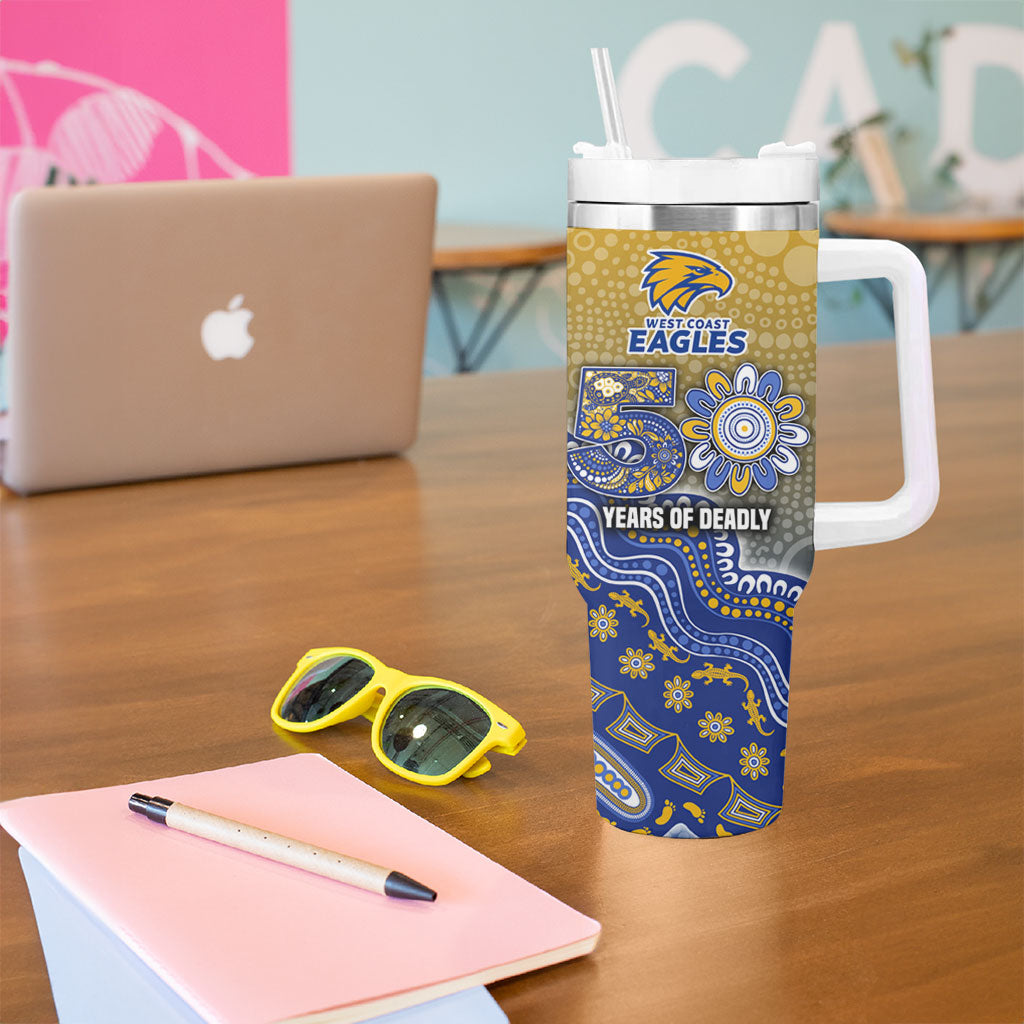 Personalized West Coast Eagles Football Mascot Tumbler With Handle Aboriginal Dot Art Style Vibrant Indigenous Pattern Design