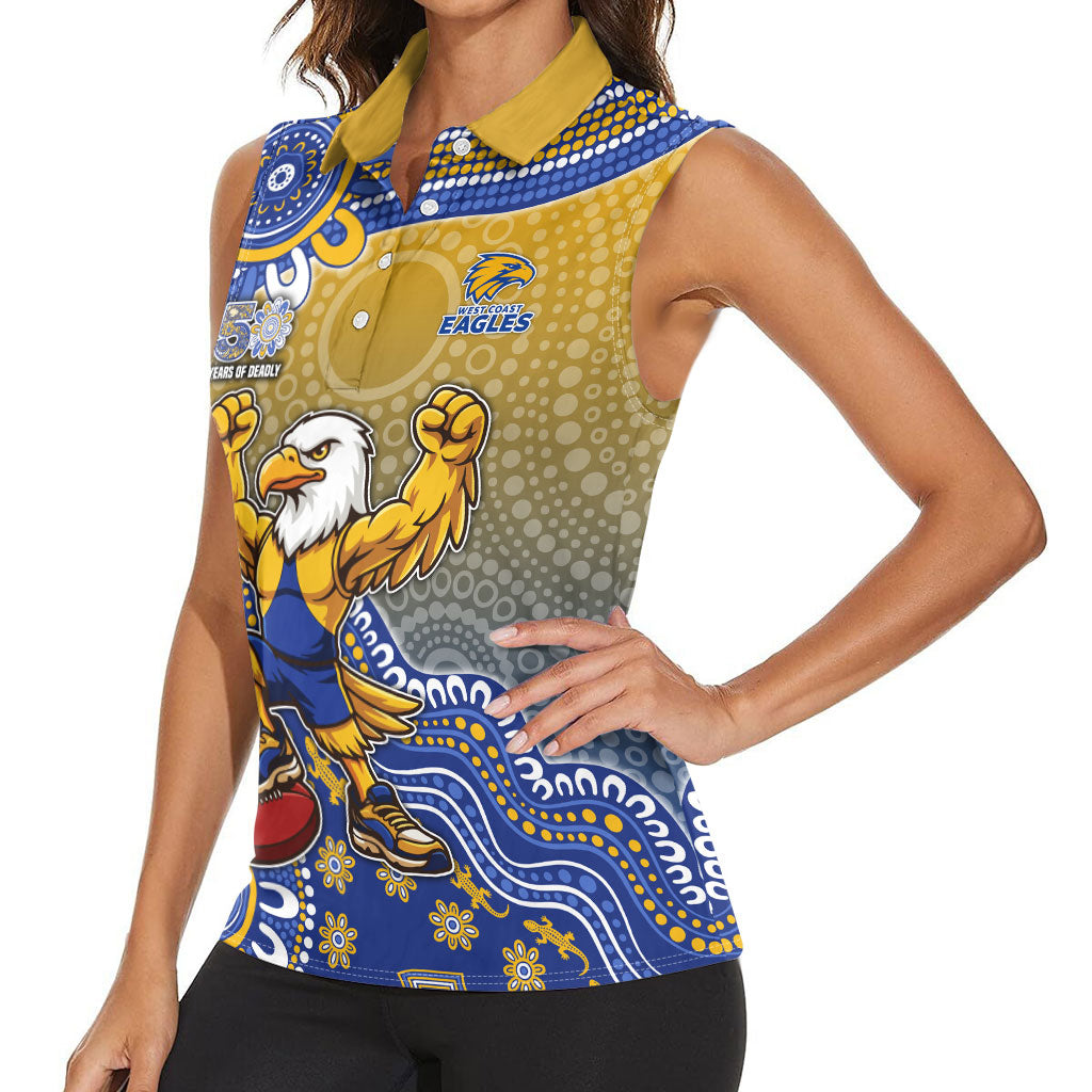 Personalized West Coast Eagles Football Mascot Women Sleeveless Polo Shirt Aboriginal Dot Art Style Vibrant Indigenous Pattern Design