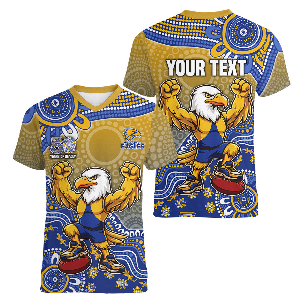 Personalized West Coast Eagles Football Mascot Women V-Neck T-Shirt Aboriginal Dot Art Style Vibrant Indigenous Pattern Design