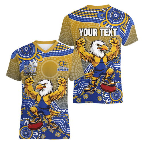 Personalized West Coast Eagles Football Mascot Women V-Neck T-Shirt Aboriginal Dot Art Style Vibrant Indigenous Pattern Design