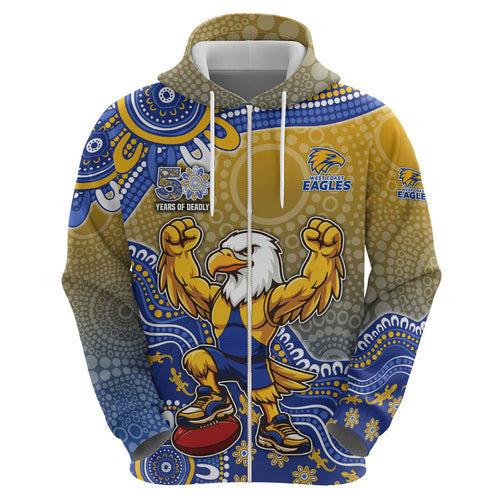Personalized West Coast Eagles Football Mascot Zip Hoodie Aboriginal Dot Art Style Vibrant Indigenous Pattern Design