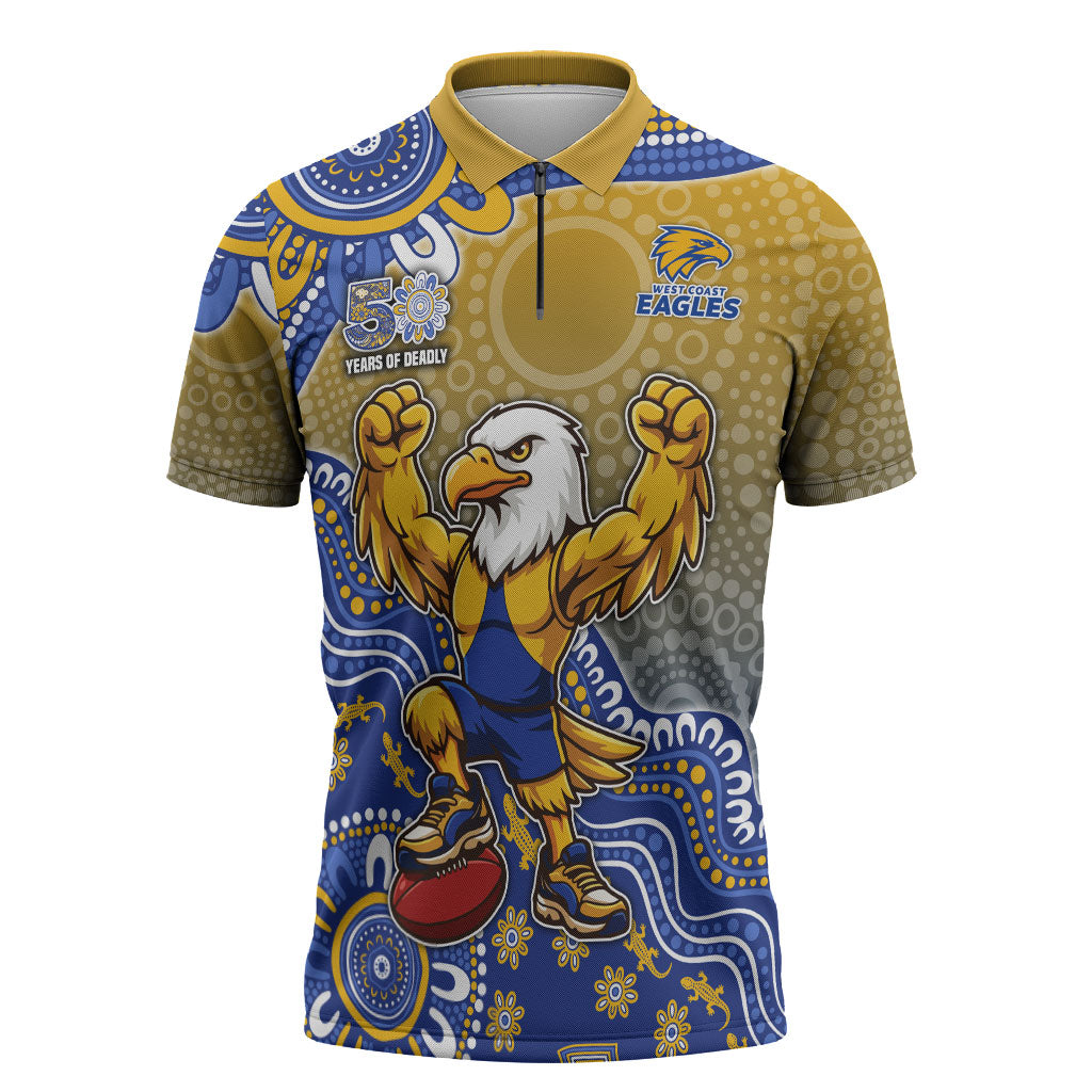 Personalized West Coast Eagles Football Mascot Zipper Polo Shirt Aboriginal Dot Art Style Vibrant Indigenous Pattern Design