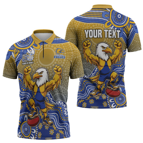 Personalized West Coast Eagles Football Mascot Zipper Polo Shirt Aboriginal Dot Art Style Vibrant Indigenous Pattern Design