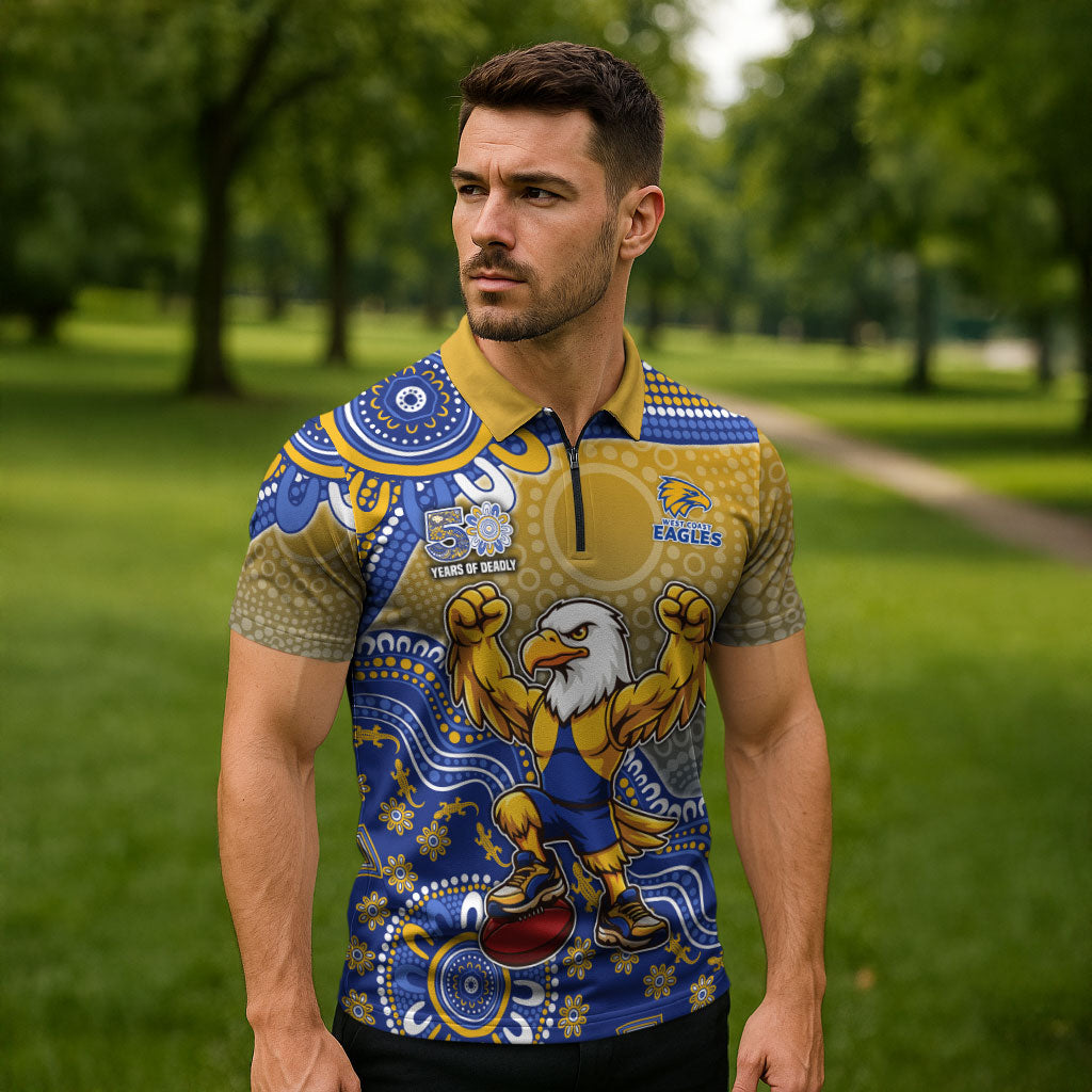 Personalized West Coast Eagles Football Mascot Zipper Polo Shirt Aboriginal Dot Art Style Vibrant Indigenous Pattern Design