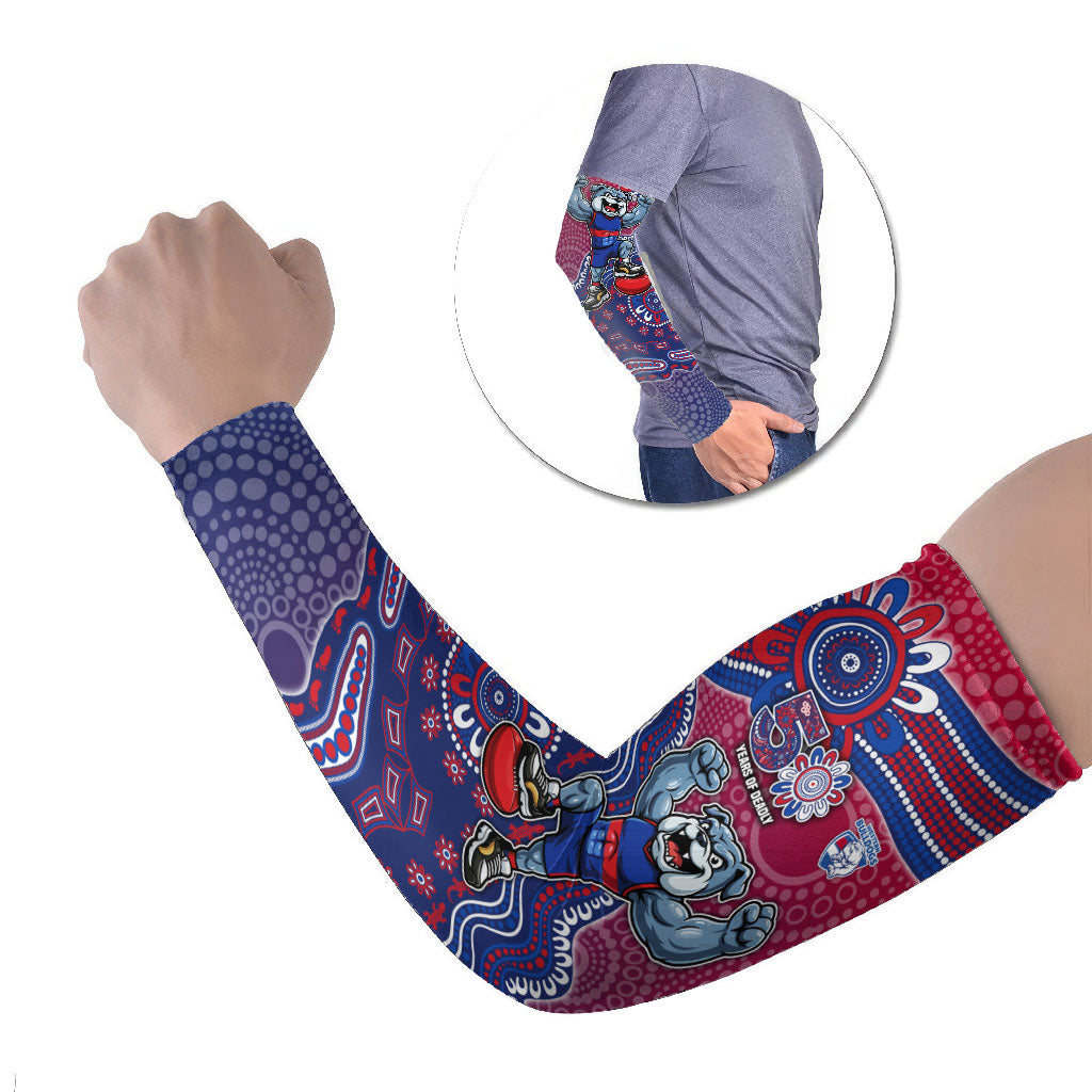 Personalized Western Bulldogs Football Mascot Arm Sleeves Aboriginal Dot Art Style Vibrant Indigenous Pattern Design