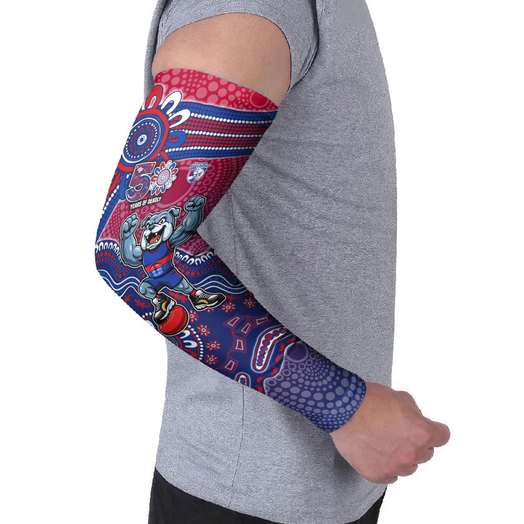 Personalized Western Bulldogs Football Mascot Arm Sleeves Aboriginal Dot Art Style Vibrant Indigenous Pattern Design