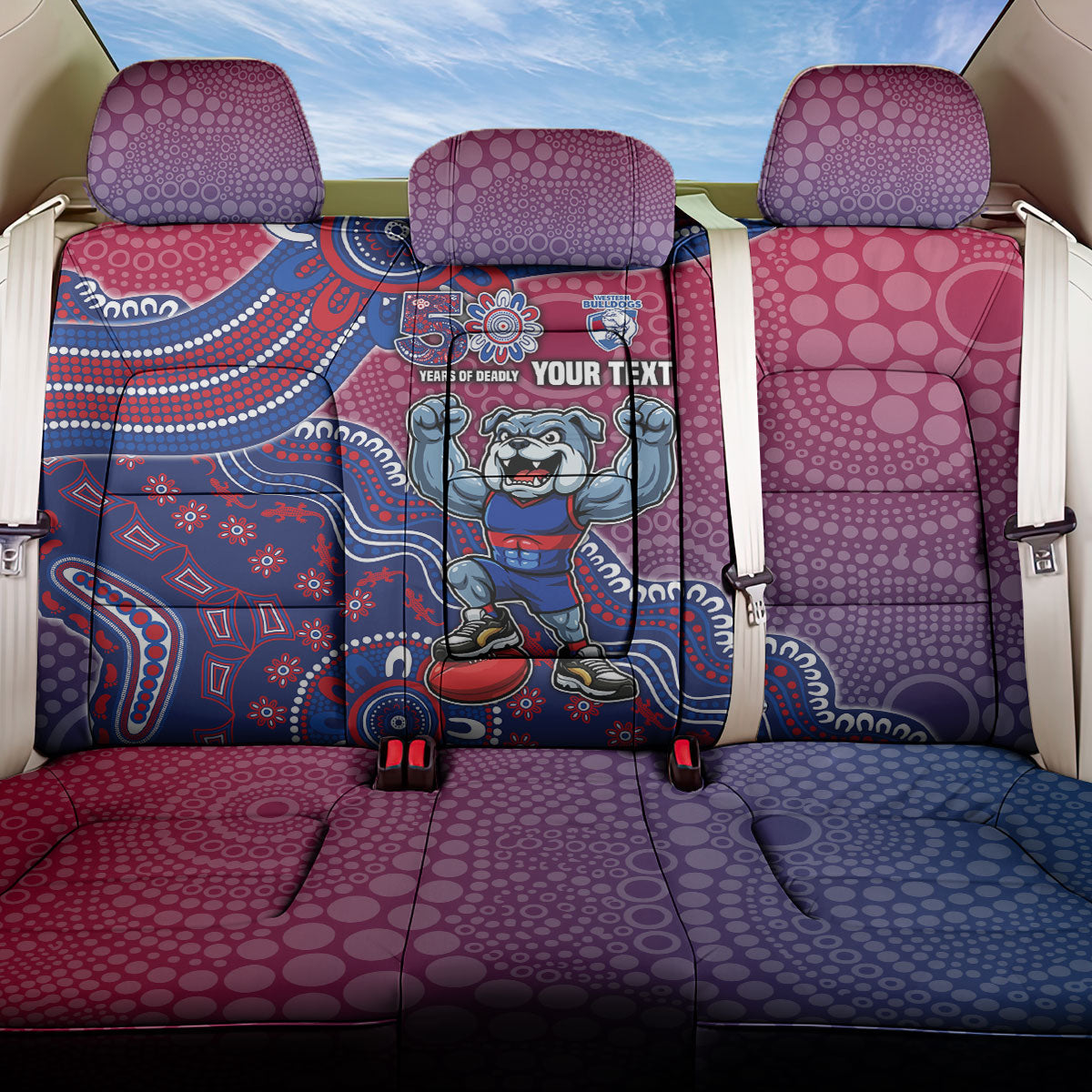 Personalized Western Bulldogs Football Mascot Back Car Seat Cover Aboriginal Dot Art Style Vibrant Indigenous Pattern Design