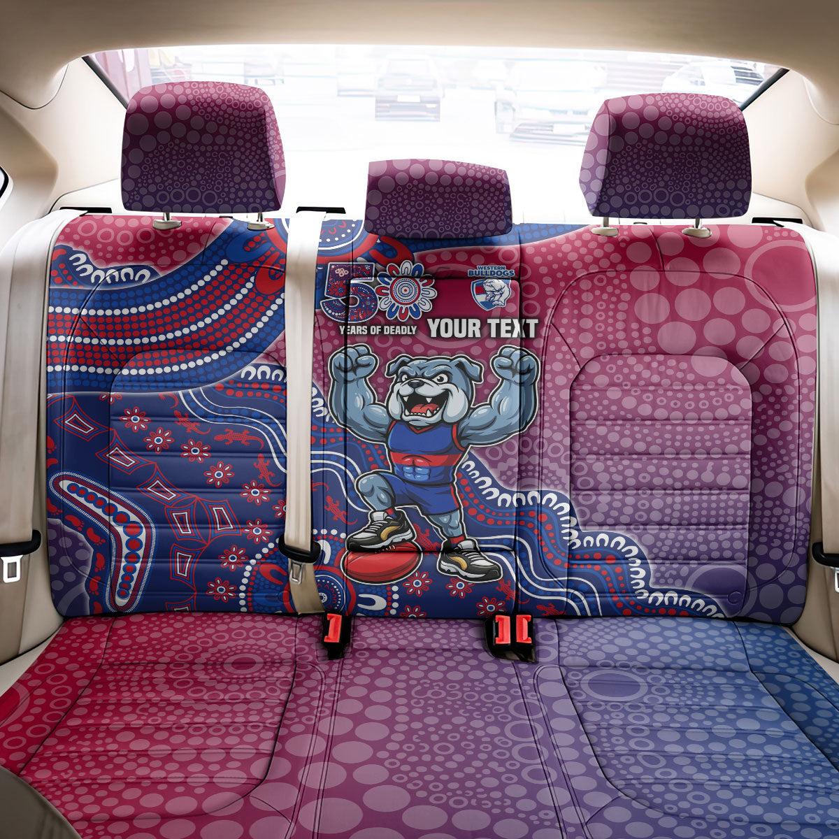 Personalized Western Bulldogs Football Mascot Back Car Seat Cover Aboriginal Dot Art Style Vibrant Indigenous Pattern Design