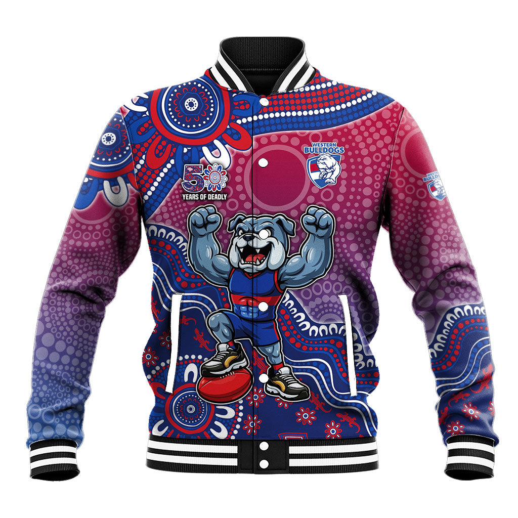 Personalized Western Bulldogs Football Mascot Baseball Jacket Aboriginal Dot Art Style Vibrant Indigenous Pattern Design
