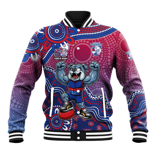 Personalized Western Bulldogs Football Mascot Baseball Jacket Aboriginal Dot Art Style Vibrant Indigenous Pattern Design