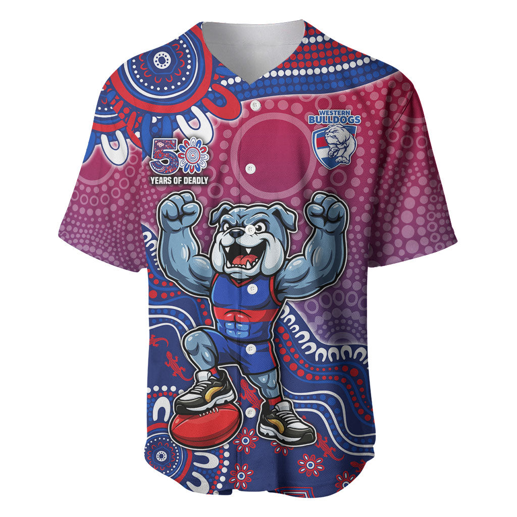 Personalized Western Bulldogs Football Mascot Baseball Jersey Aboriginal Dot Art Style Vibrant Indigenous Pattern Design