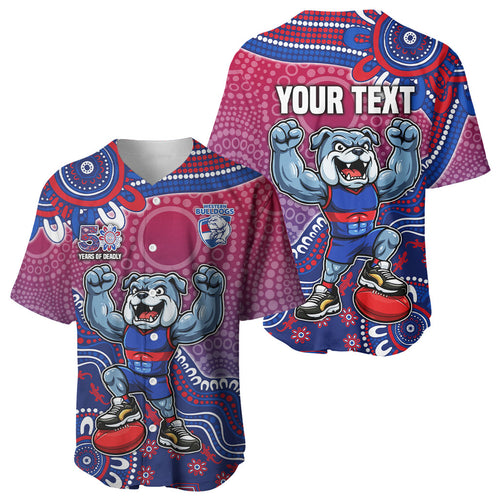 Personalized Western Bulldogs Football Mascot Baseball Jersey Aboriginal Dot Art Style Vibrant Indigenous Pattern Design