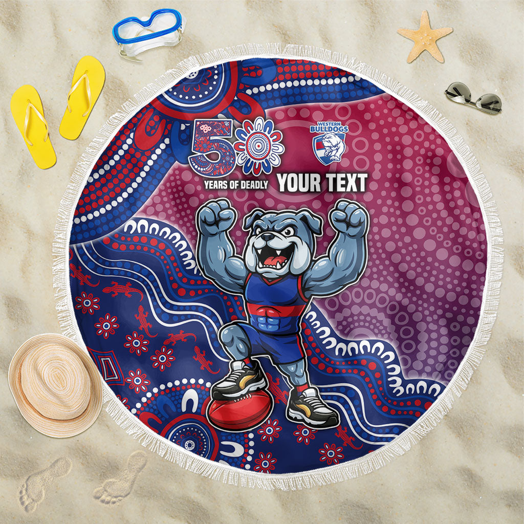 Personalized Western Bulldogs Football Mascot Beach Blanket Aboriginal Dot Art Style Vibrant Indigenous Pattern Design