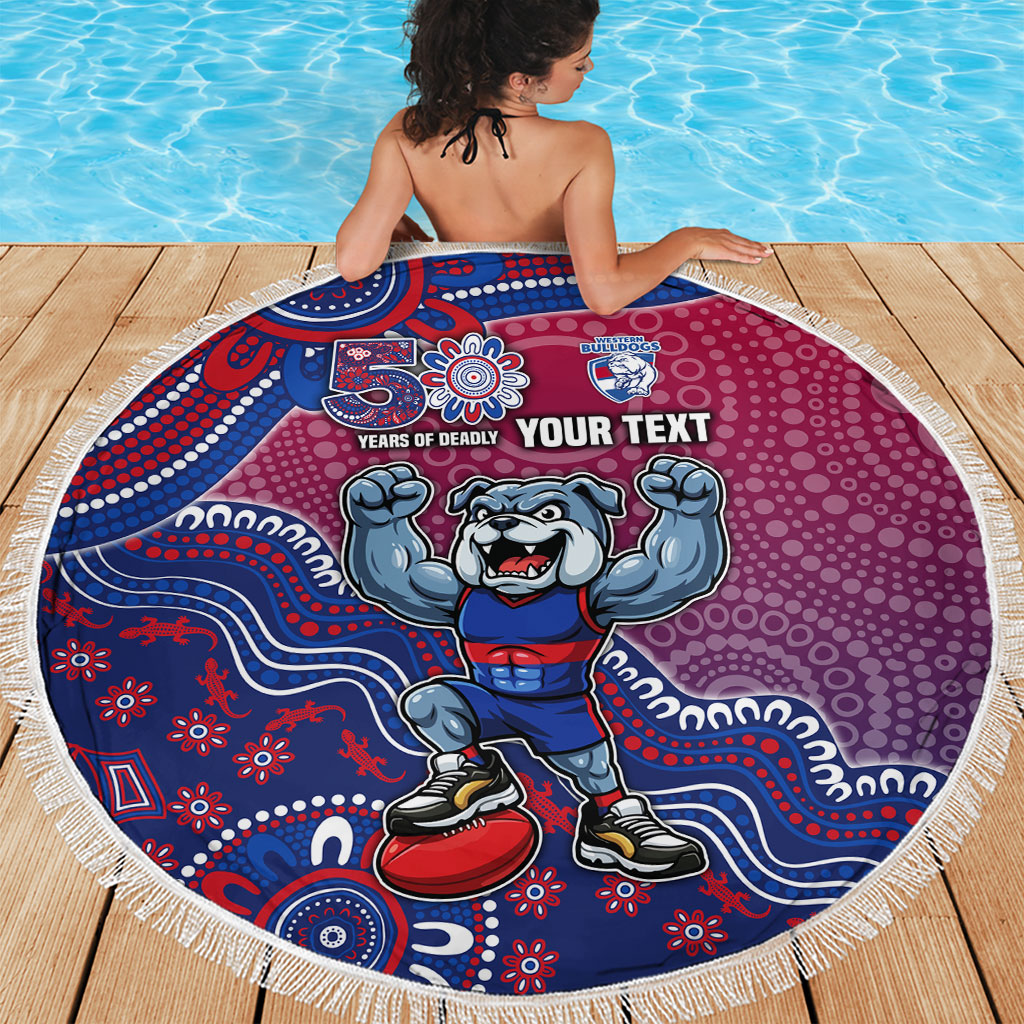 Personalized Western Bulldogs Football Mascot Beach Blanket Aboriginal Dot Art Style Vibrant Indigenous Pattern Design