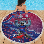 Personalized Western Bulldogs Football Mascot Beach Blanket Aboriginal Dot Art Style Vibrant Indigenous Pattern Design