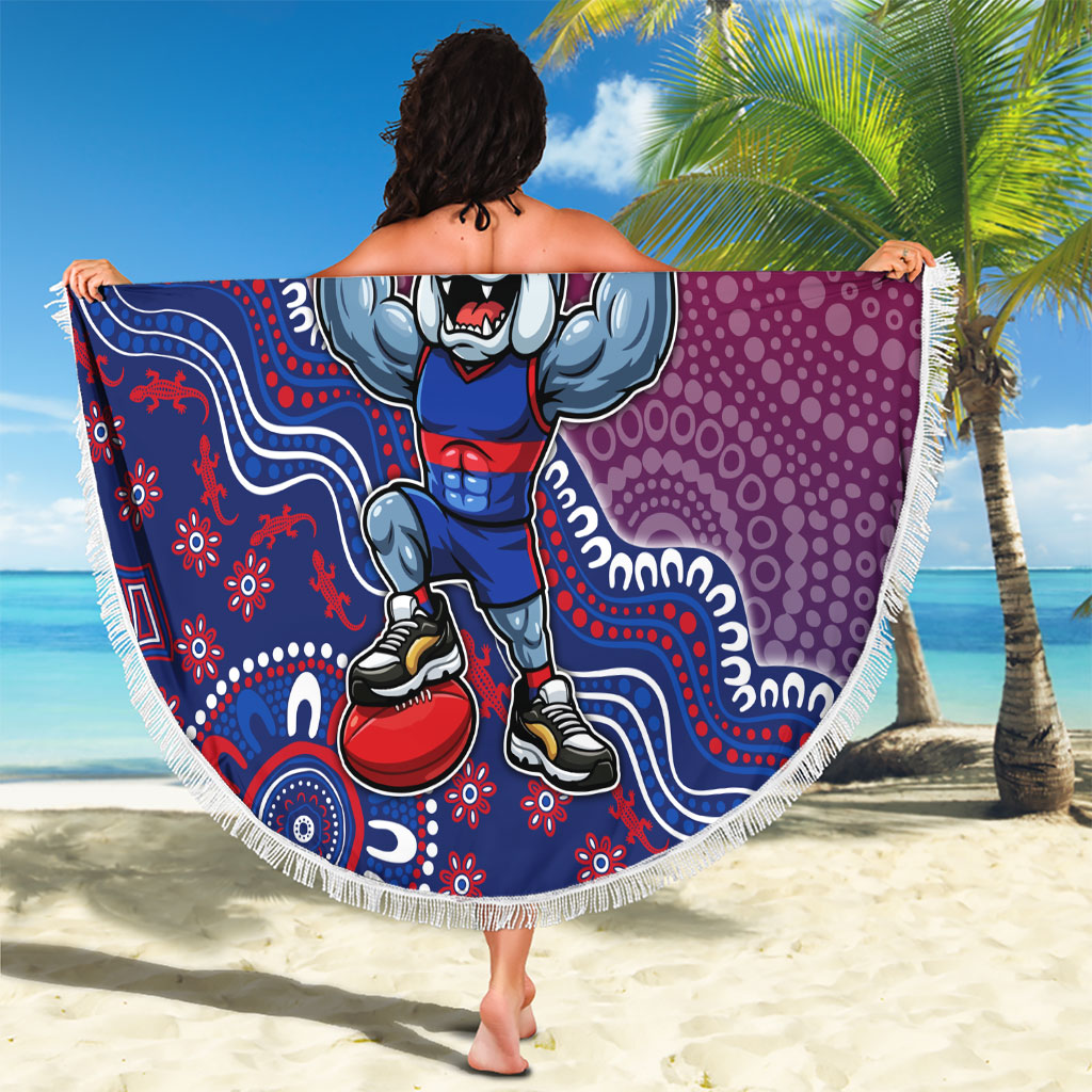 Personalized Western Bulldogs Football Mascot Beach Blanket Aboriginal Dot Art Style Vibrant Indigenous Pattern Design