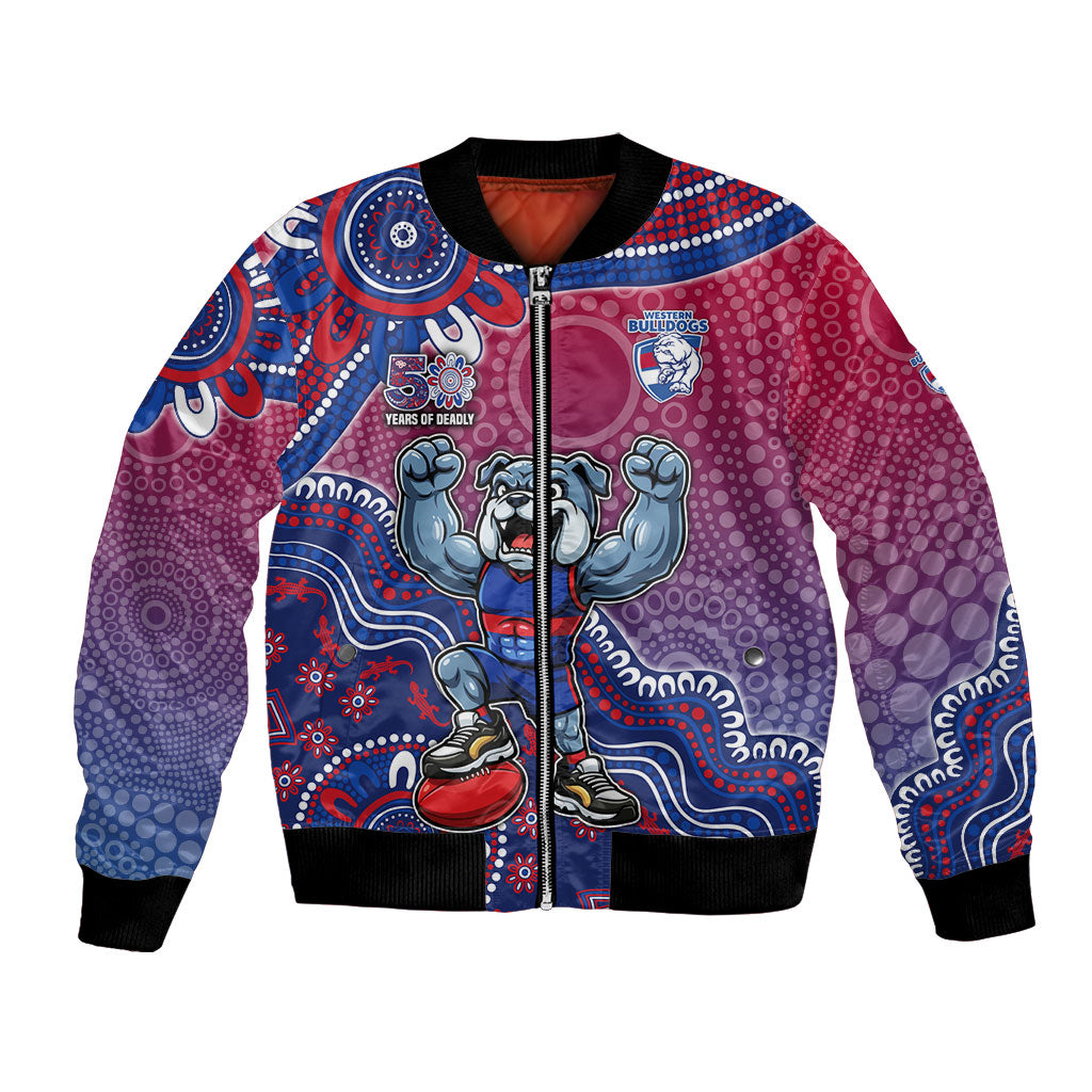 Personalized Western Bulldogs Football Mascot Bomber Jacket Aboriginal Dot Art Style Vibrant Indigenous Pattern Design