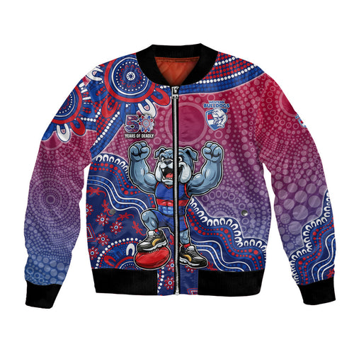 Personalized Western Bulldogs Football Mascot Bomber Jacket Aboriginal Dot Art Style Vibrant Indigenous Pattern Design