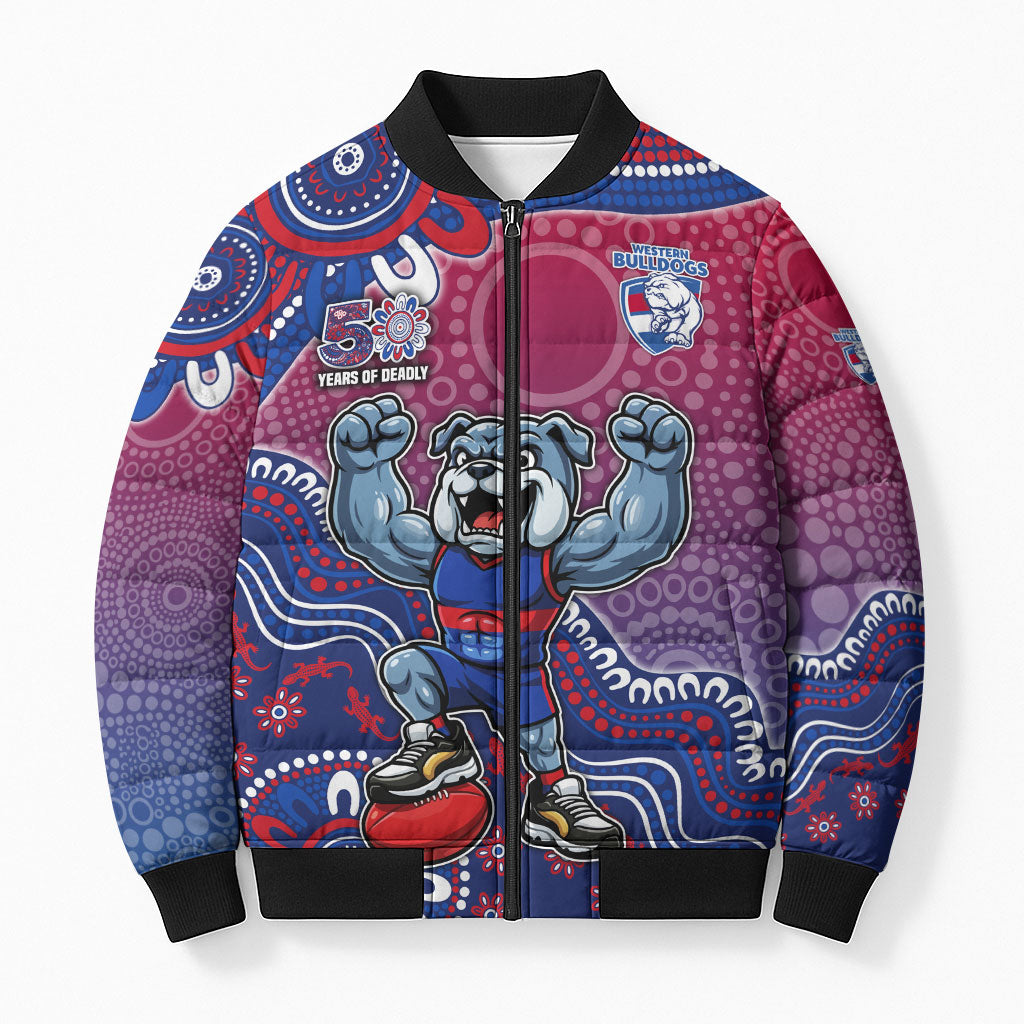 Personalized Western Bulldogs Football Mascot Bomber Puffer Jacket Aboriginal Dot Art Style Vibrant Indigenous Pattern Design