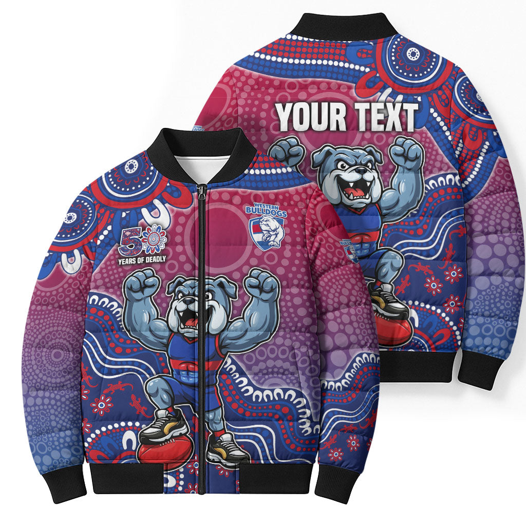 Personalized Western Bulldogs Football Mascot Bomber Puffer Jacket Aboriginal Dot Art Style Vibrant Indigenous Pattern Design