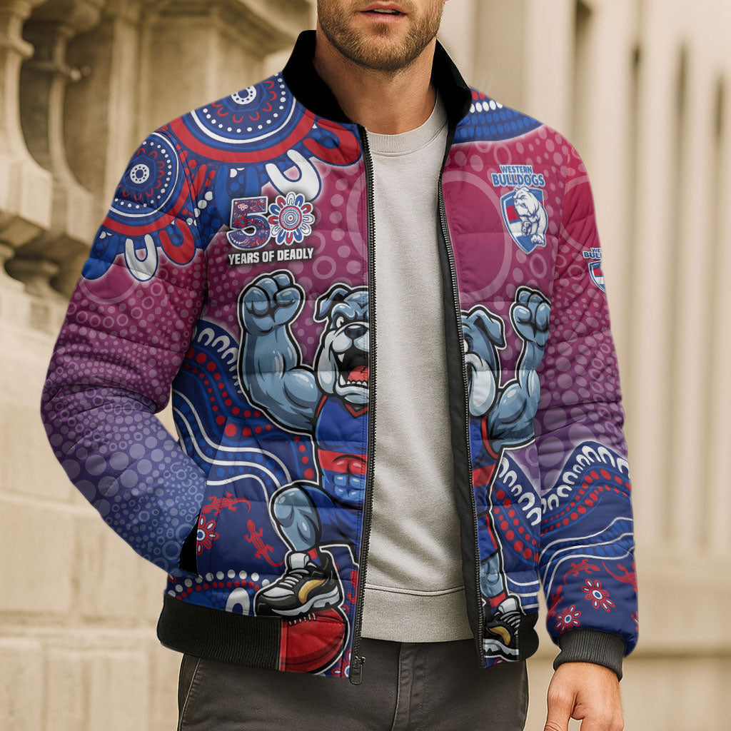 Personalized Western Bulldogs Football Mascot Bomber Puffer Jacket Aboriginal Dot Art Style Vibrant Indigenous Pattern Design