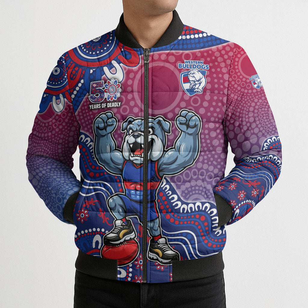 Personalized Western Bulldogs Football Mascot Bomber Puffer Jacket Aboriginal Dot Art Style Vibrant Indigenous Pattern Design