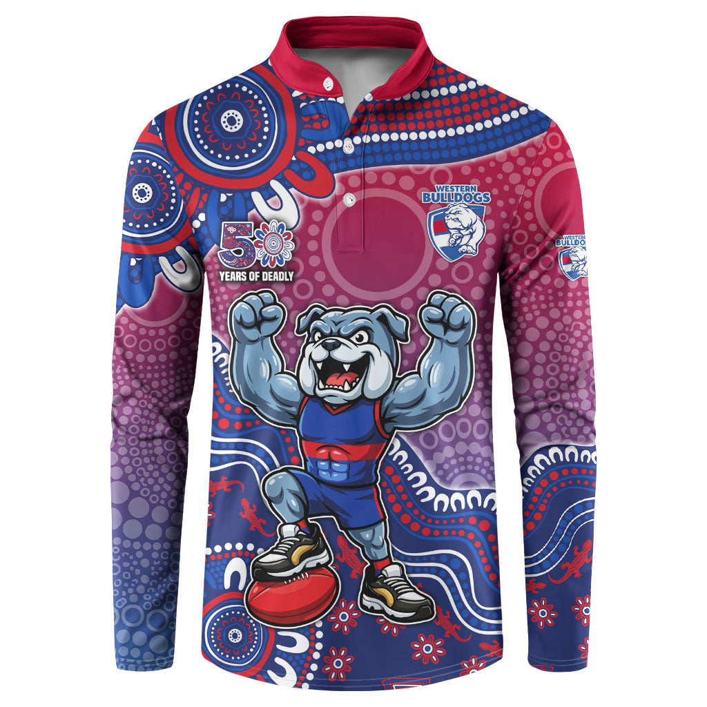 Personalized Western Bulldogs Football Mascot Button Sweatshirt Aboriginal Dot Art Style Vibrant Indigenous Pattern Design