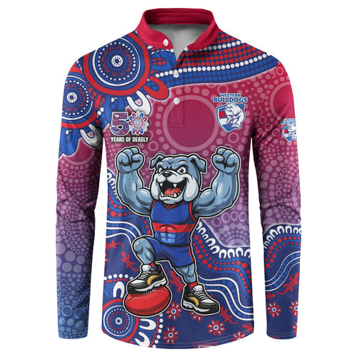 Personalized Western Bulldogs Football Mascot Button Sweatshirt Aboriginal Dot Art Style Vibrant Indigenous Pattern Design