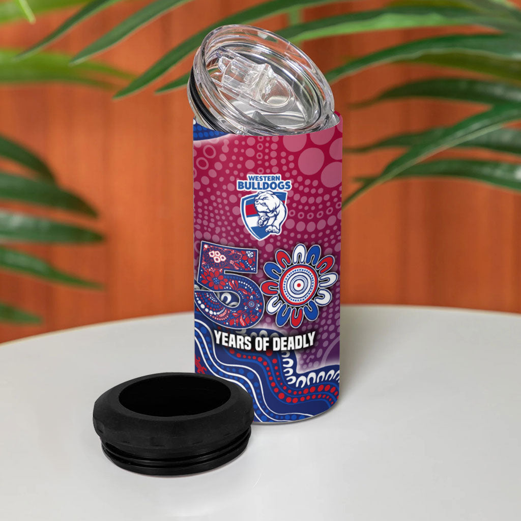 Personalized Western Bulldogs Football Mascot 4 in 1 Can Cooler Tumbler Aboriginal Dot Art Style Vibrant Indigenous Pattern Design