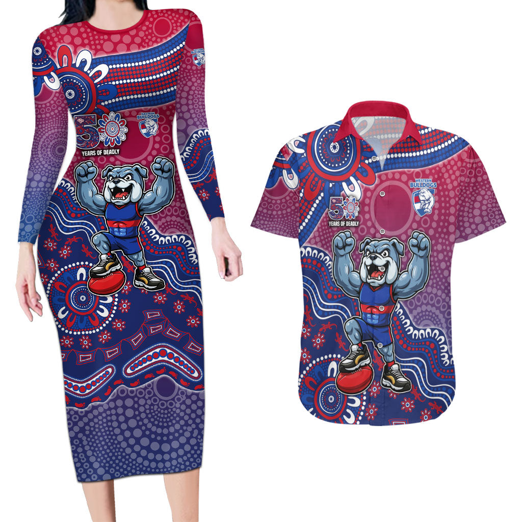 Personalized Western Bulldogs Football Mascot Couples Matching Long Sleeve Bodycon Dress and Hawaiian Shirt Aboriginal Dot Art Style Vibrant Indigenous Pattern Design