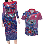 Personalized Western Bulldogs Football Mascot Couples Matching Long Sleeve Bodycon Dress and Hawaiian Shirt Aboriginal Dot Art Style Vibrant Indigenous Pattern Design