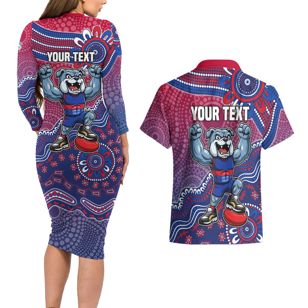 Personalized Western Bulldogs Football Mascot Couples Matching Long Sleeve Bodycon Dress and Hawaiian Shirt Aboriginal Dot Art Style Vibrant Indigenous Pattern Design