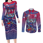 Personalized Western Bulldogs Football Mascot Couples Matching Long Sleeve Bodycon Dress and Long Sleeve Button Shirt Aboriginal Dot Art Style Vibrant Indigenous Pattern Design