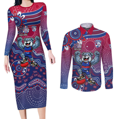 Personalized Western Bulldogs Football Mascot Couples Matching Long Sleeve Bodycon Dress and Long Sleeve Button Shirt Aboriginal Dot Art Style Vibrant Indigenous Pattern Design